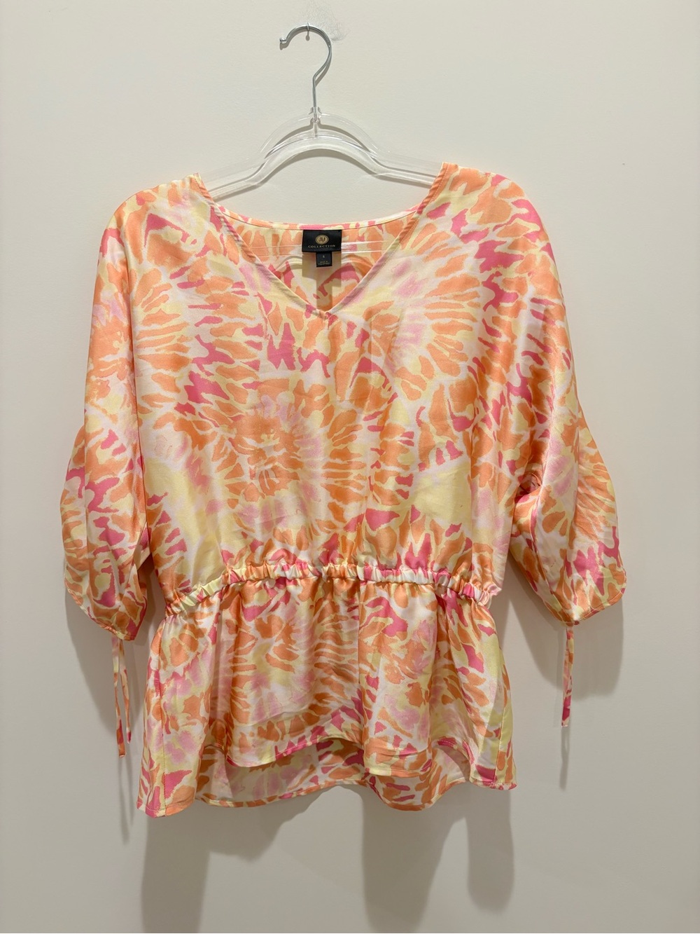 JM Collection V-Neck Peplum Top in Pink, Orange & Cream